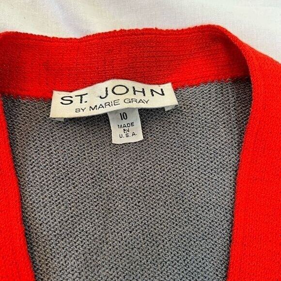 Womens St. John Cardigan Sweater Sz 10 Button-Down Gray/Red color block piping - Picture 2 of 5